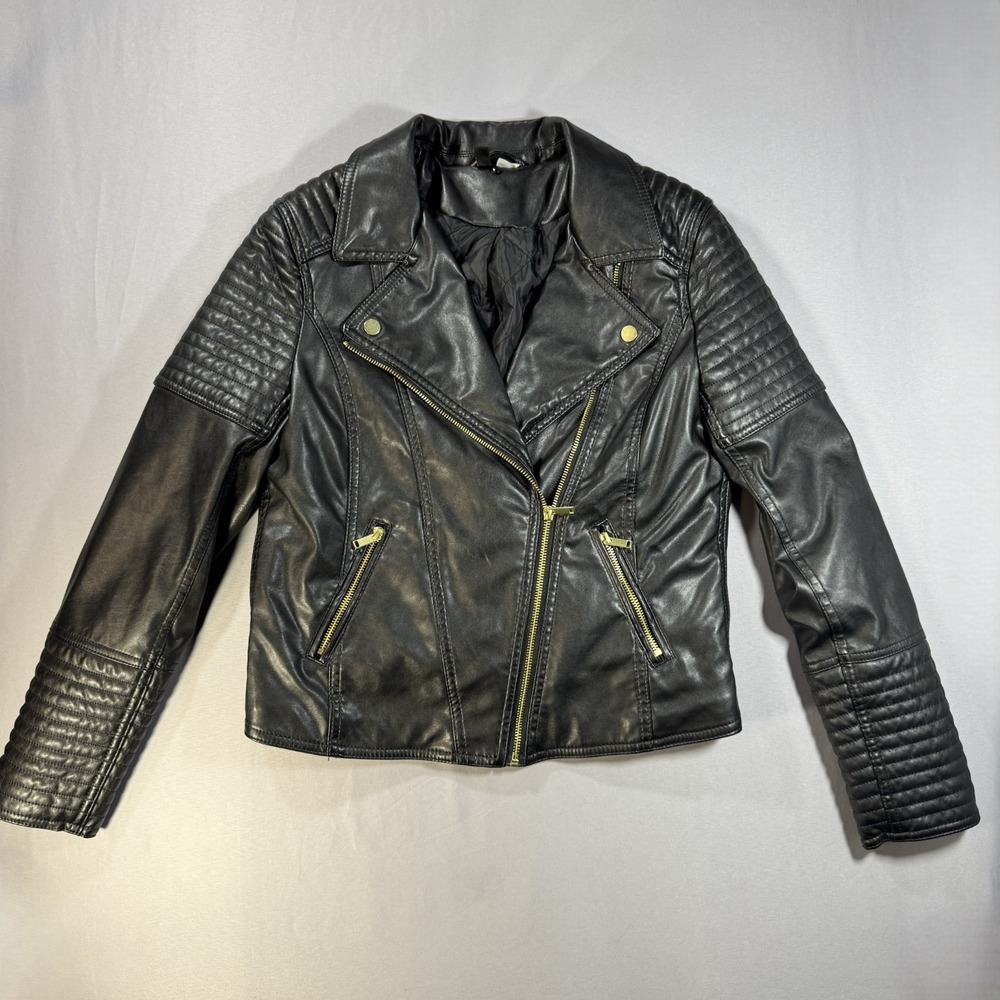 H&M Divided Moto Biker Jacket Womens 10 Black Faux Leather Gold Zip Quilted